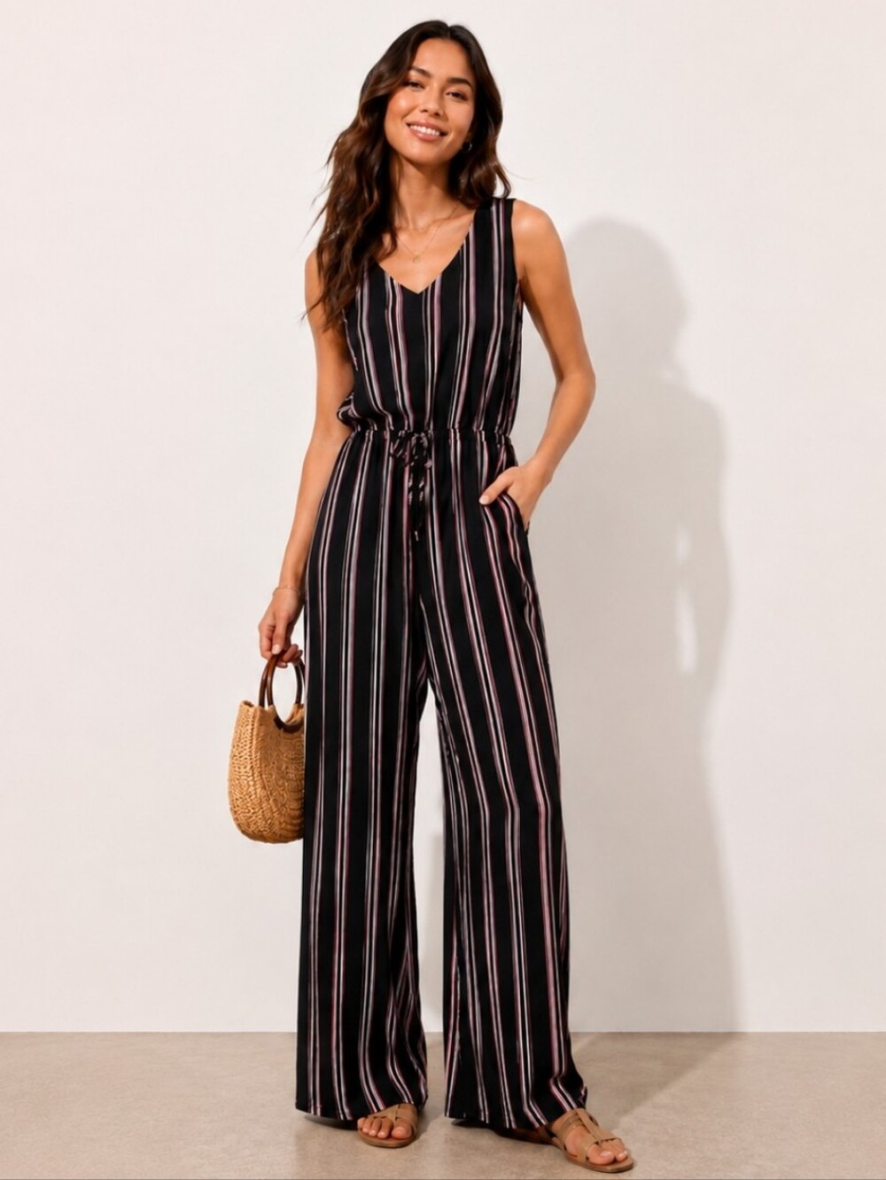 Ambiance Striped Wide Leg Jumpsuit Sleeveless V-Neck Drawstring Waist Size 2X